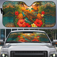 Hawaiian Turtles on Beach Auto Sun Shade with Pineapple Tropical Plant and Lei