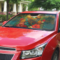 Hawaiian Turtles on Beach Auto Sun Shade with Pineapple Tropical Plant and Lei