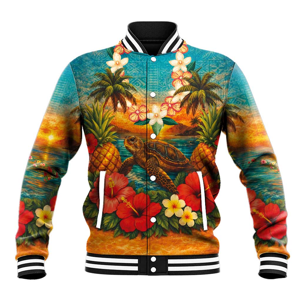 Hawaiian Turtles on Beach Baseball Jacket with Pineapple Tropical Plant and Lei