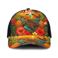 Hawaiian Turtles on Beach Baseball Net Cap with Pineapple Tropical Plant and Lei