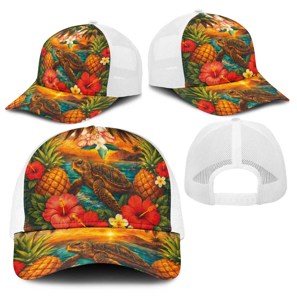 Hawaiian Turtles on Beach Baseball Net Cap with Pineapple Tropical Plant and Lei