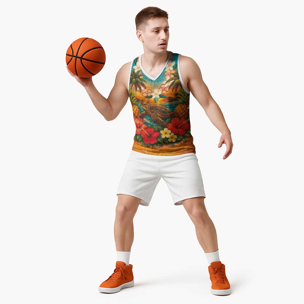 Hawaiian Turtles on Beach Basketball Jersey with Pineapple Tropical Plant and Lei