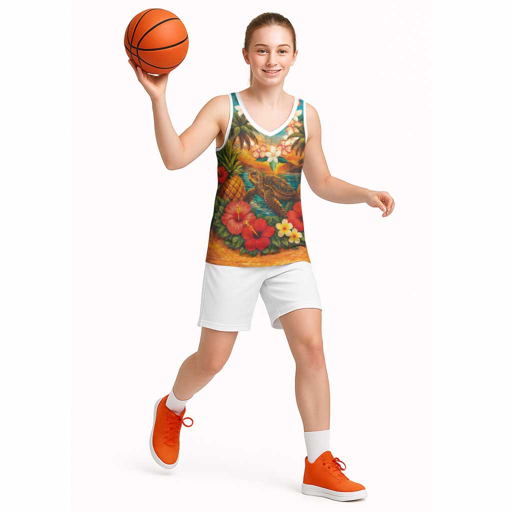 Hawaiian Turtles on Beach Basketball Jersey with Pineapple Tropical Plant and Lei