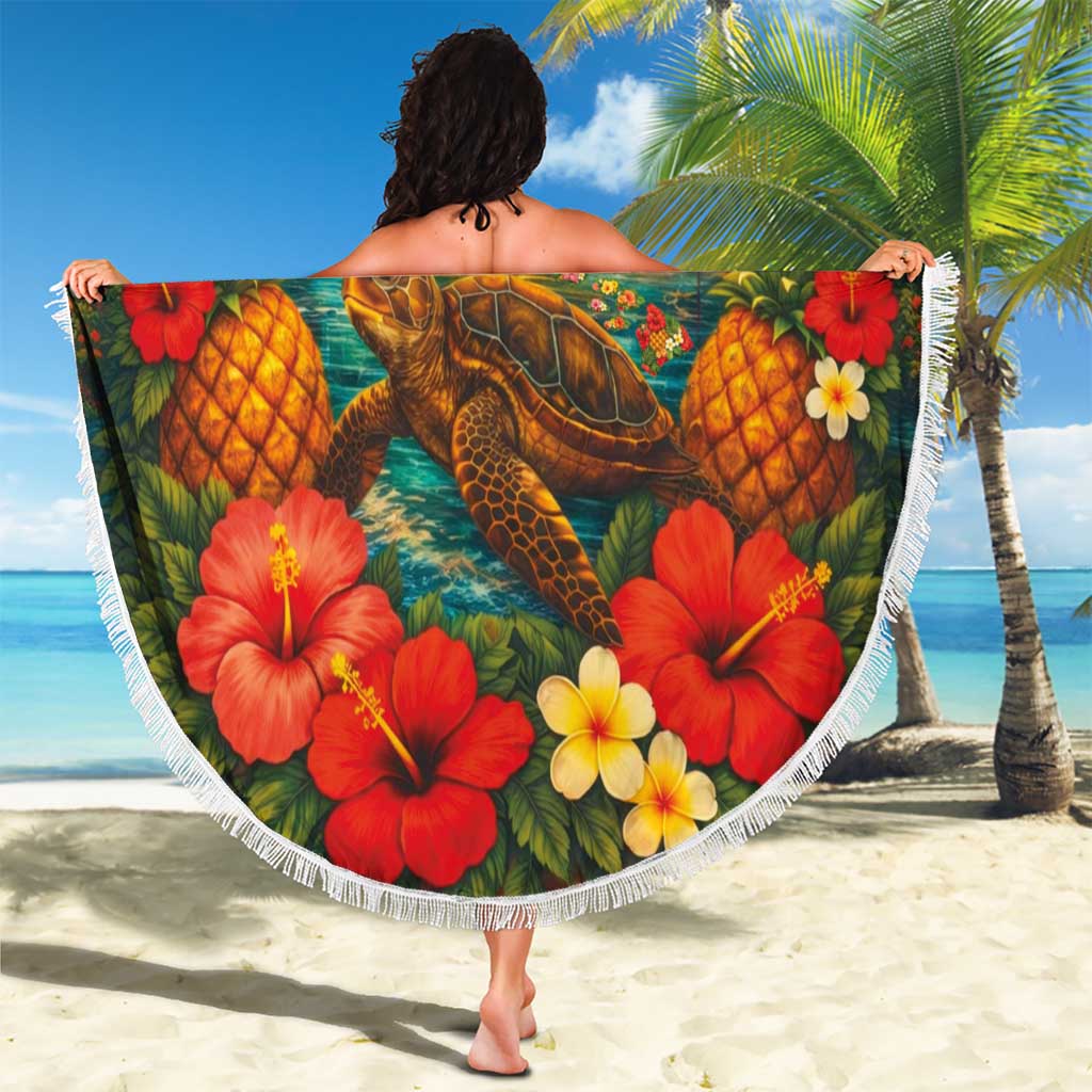 Hawaiian Turtles on Beach Beach Blanket with Pineapple Tropical Plant and Lei