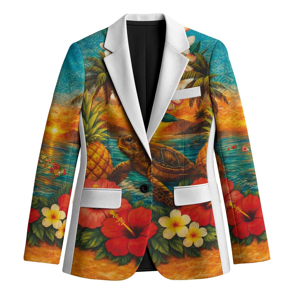 Hawaiian Turtles on Beach Blazer with Pineapple Tropical Plant and Lei
