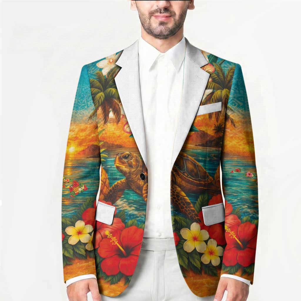 Hawaiian Turtles on Beach Blazer with Pineapple Tropical Plant and Lei