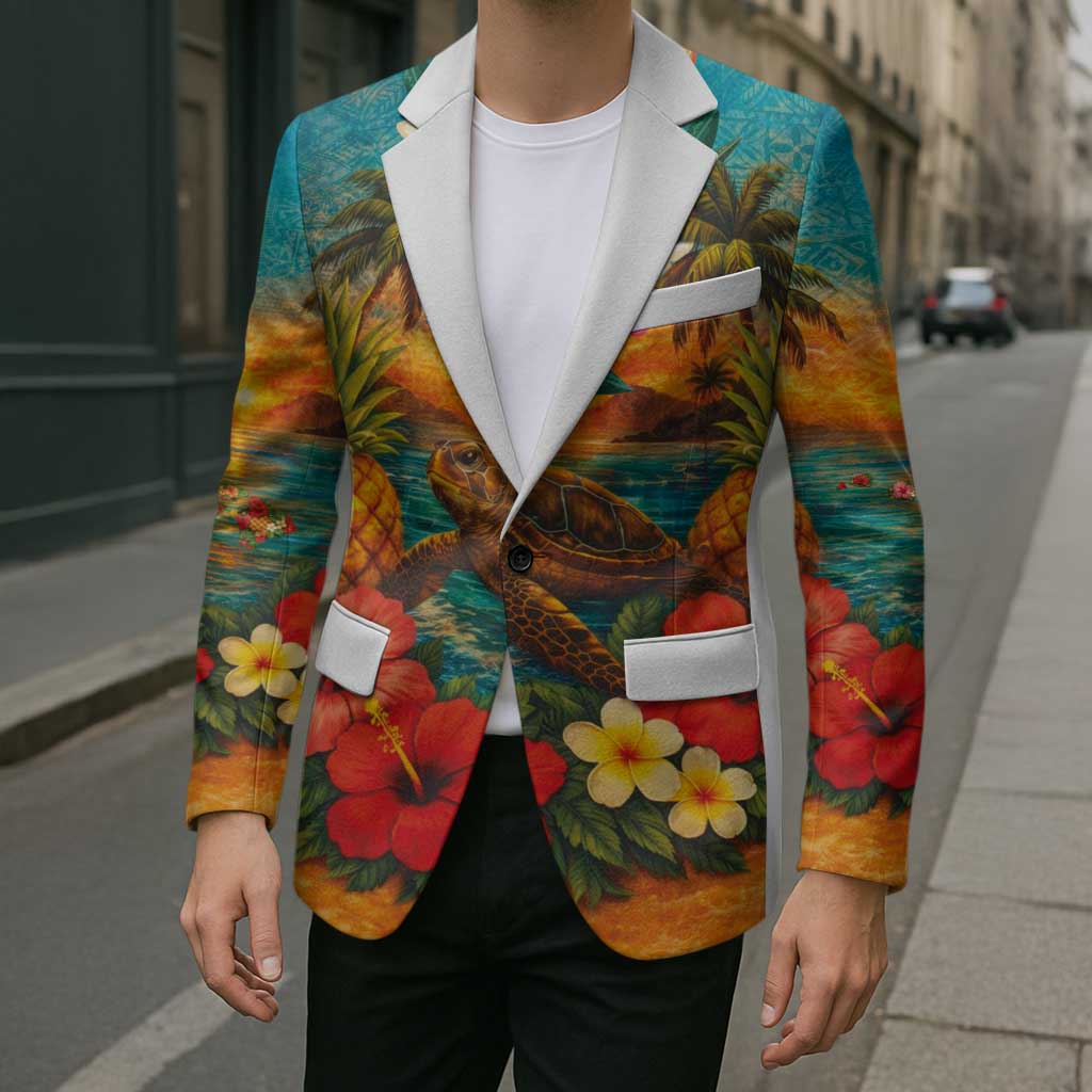 Hawaiian Turtles on Beach Blazer with Pineapple Tropical Plant and Lei