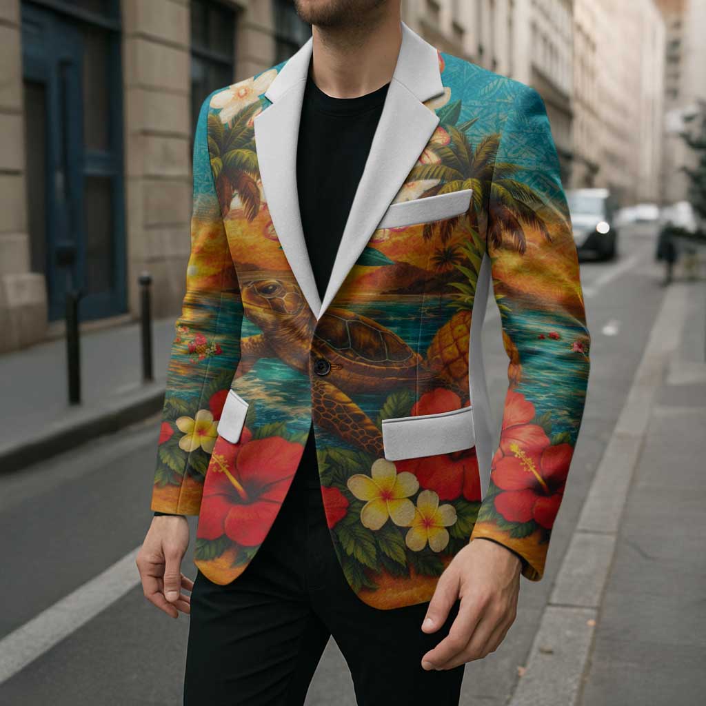 Hawaiian Turtles on Beach Blazer with Pineapple Tropical Plant and Lei