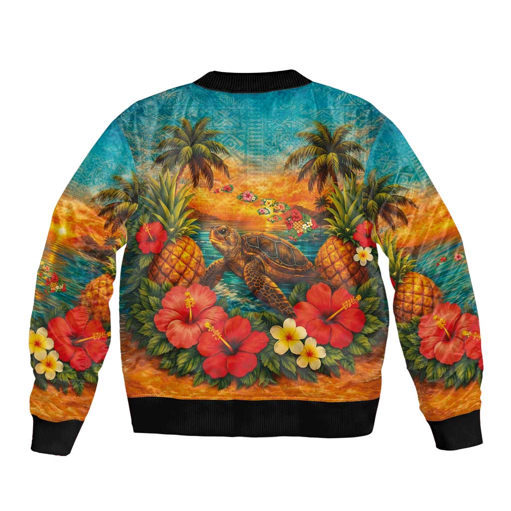 Hawaiian Turtles on Beach Bomber Jacket with Pineapple Tropical Plant and Lei LT03 - Polynesian Pride