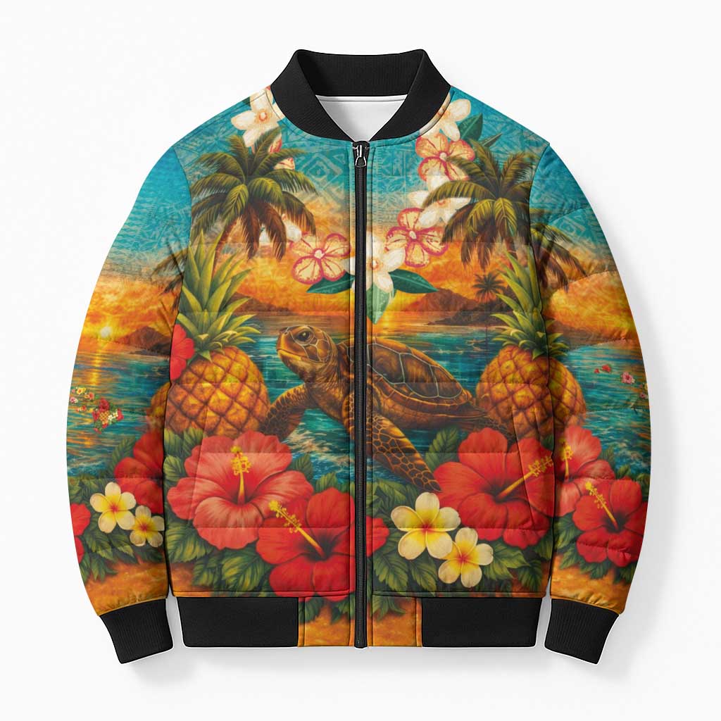 Hawaiian Turtles on Beach Bomber Puffer Jacket with Pineapple Tropical Plant and Lei