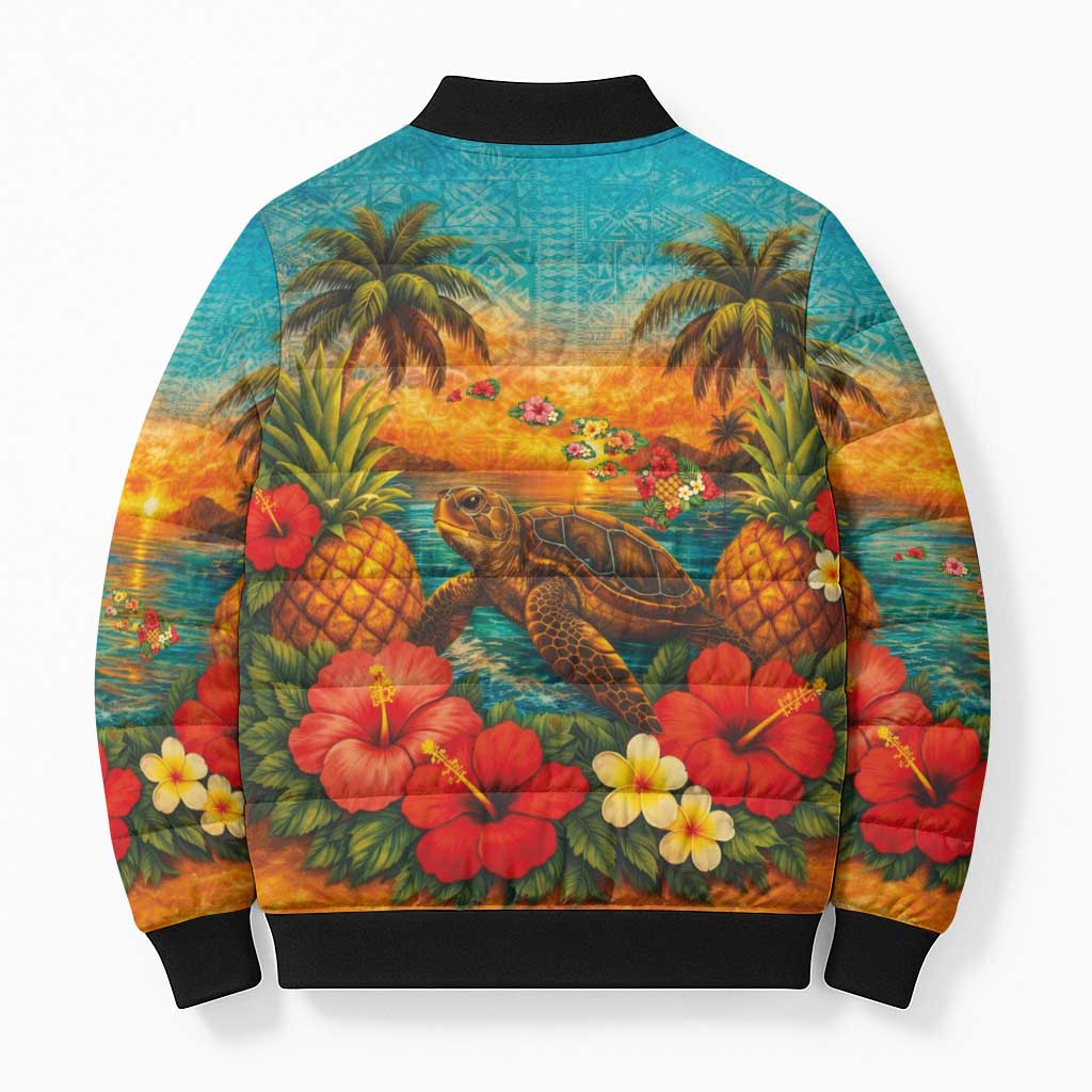 Hawaiian Turtles on Beach Bomber Puffer Jacket with Pineapple Tropical Plant and Lei