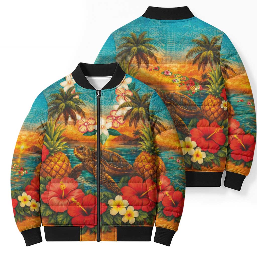 Hawaiian Turtles on Beach Bomber Puffer Jacket with Pineapple Tropical Plant and Lei
