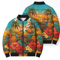 Hawaiian Turtles on Beach Bomber Puffer Jacket with Pineapple Tropical Plant and Lei