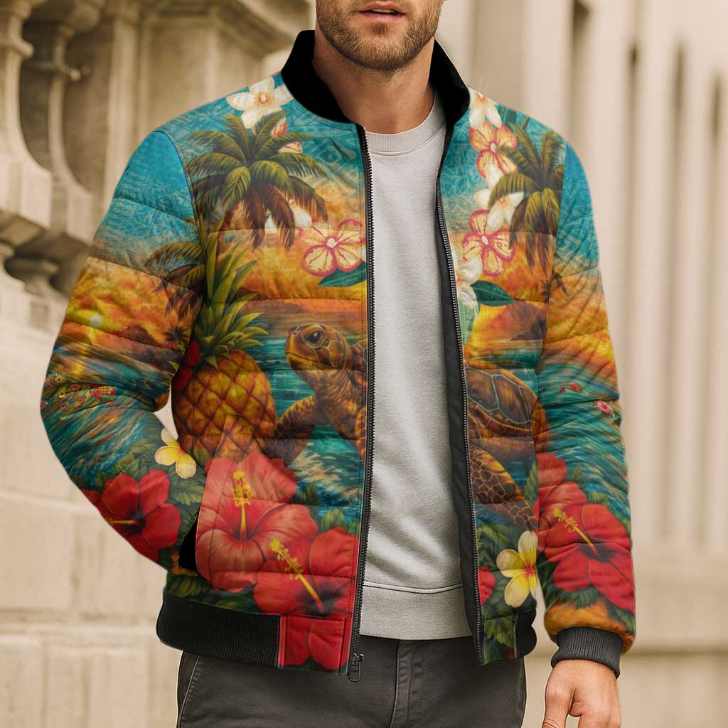 Hawaiian Turtles on Beach Bomber Puffer Jacket with Pineapple Tropical Plant and Lei