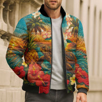 Hawaiian Turtles on Beach Bomber Puffer Jacket with Pineapple Tropical Plant and Lei