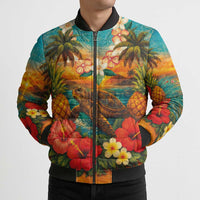 Hawaiian Turtles on Beach Bomber Puffer Jacket with Pineapple Tropical Plant and Lei