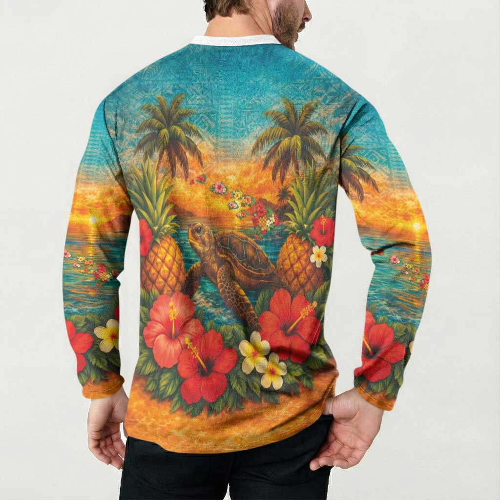 Hawaiian Turtles on Beach Button Sweatshirt with Pineapple Tropical Plant and Lei LT03 - Polynesian Pride