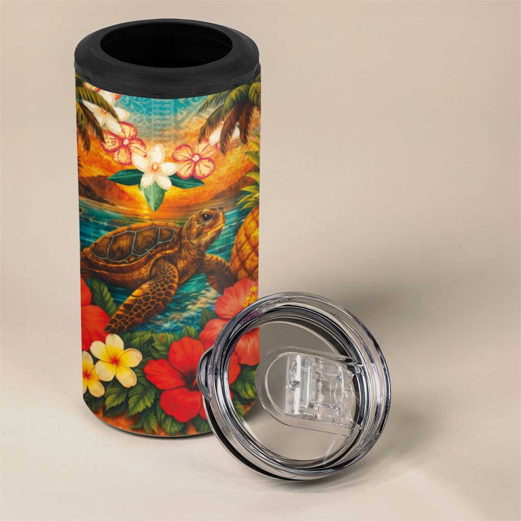 Hawaiian Turtles on Beach 4 in 1 Can Cooler Tumbler with Pineapple Tropical Plant and Lei
