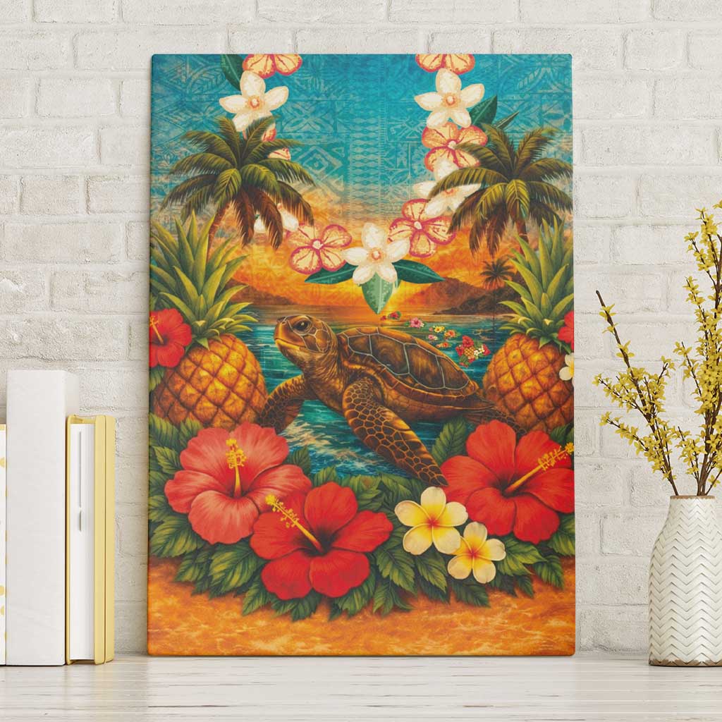 Hawaiian Turtles on Beach Canvas Wall Art with Pineapple Tropical Plant and Lei