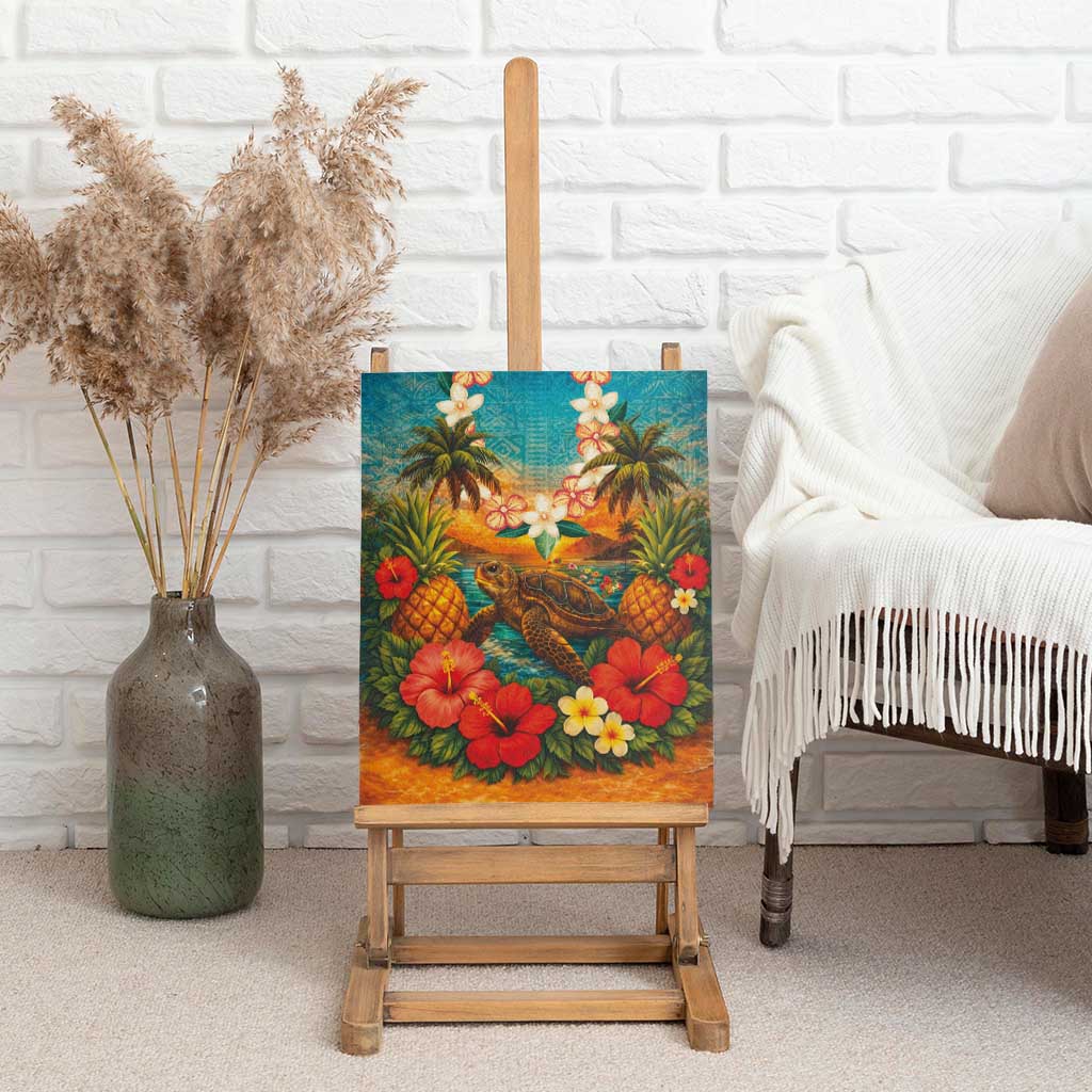 Hawaiian Turtles on Beach Canvas Wall Art with Pineapple Tropical Plant and Lei