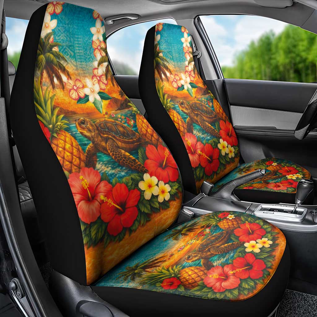 Hawaiian Turtles on Beach Car Seat Cover with Pineapple Tropical Plant and Lei LT03 - Polynesian Pride