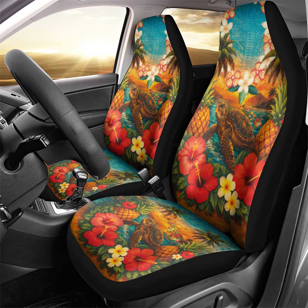 Hawaiian Turtles on Beach Car Seat Cover with Pineapple Tropical Plant and Lei LT03 - Polynesian Pride