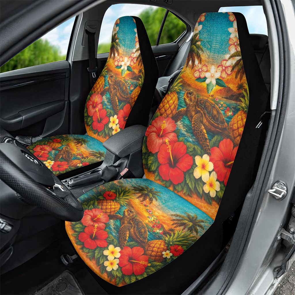 Hawaiian Turtles on Beach Car Seat Cover with Pineapple Tropical Plant and Lei LT03 - Polynesian Pride
