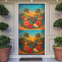 Hawaiian Turtles on Beach Door Cover with Pineapple Tropical Plant and Lei