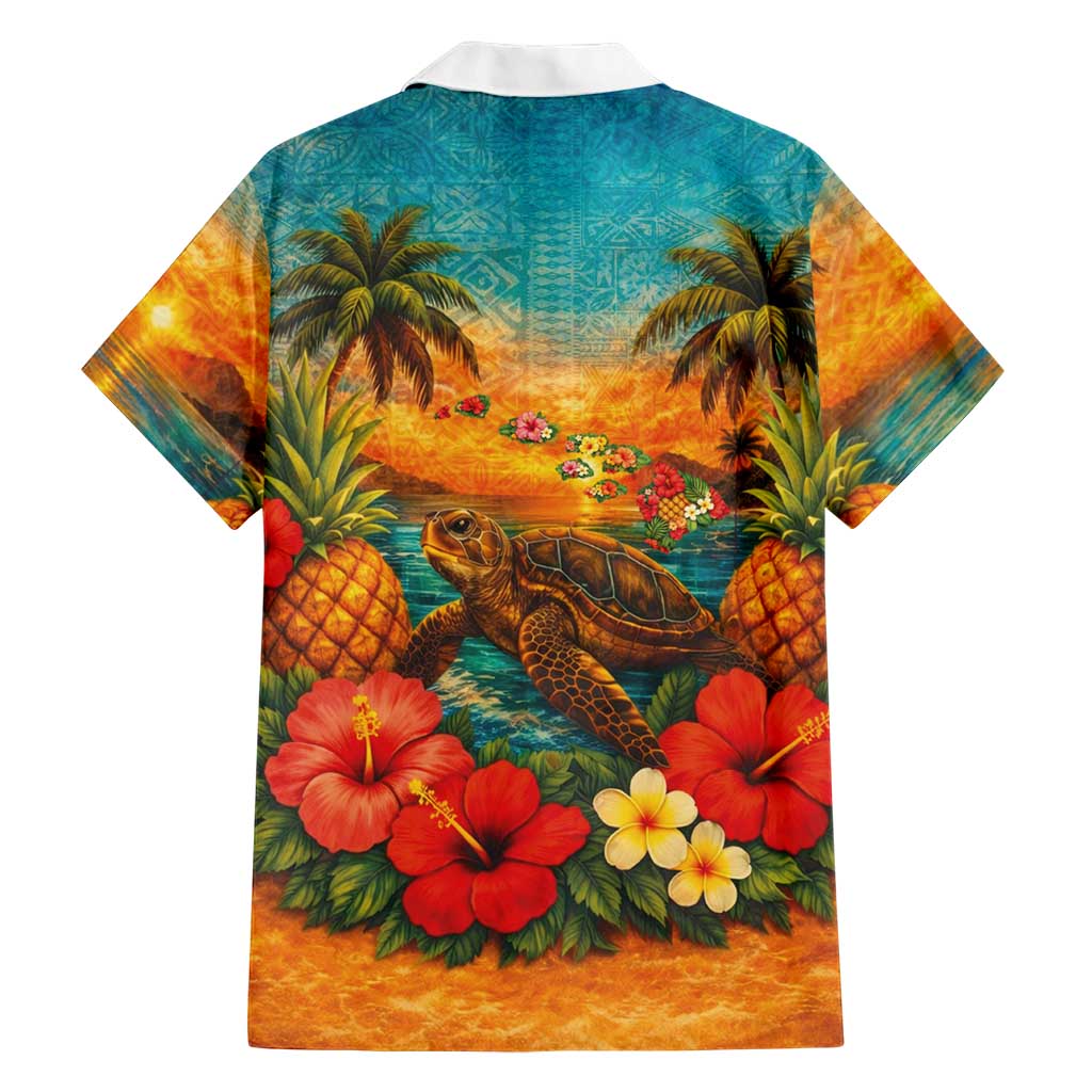Hawaiian Turtles on Beach Family Matching Off The Shoulder Long Sleeve Dress and Hawaiian Shirt with Pineapple Tropical Plant and Lei LT03 - Polynesian Pride