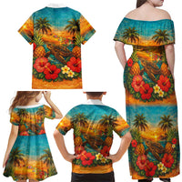 Hawaiian Turtles on Beach Family Matching Off Shoulder Maxi Dress and Hawaiian Shirt with Pineapple Tropical Plant and Lei