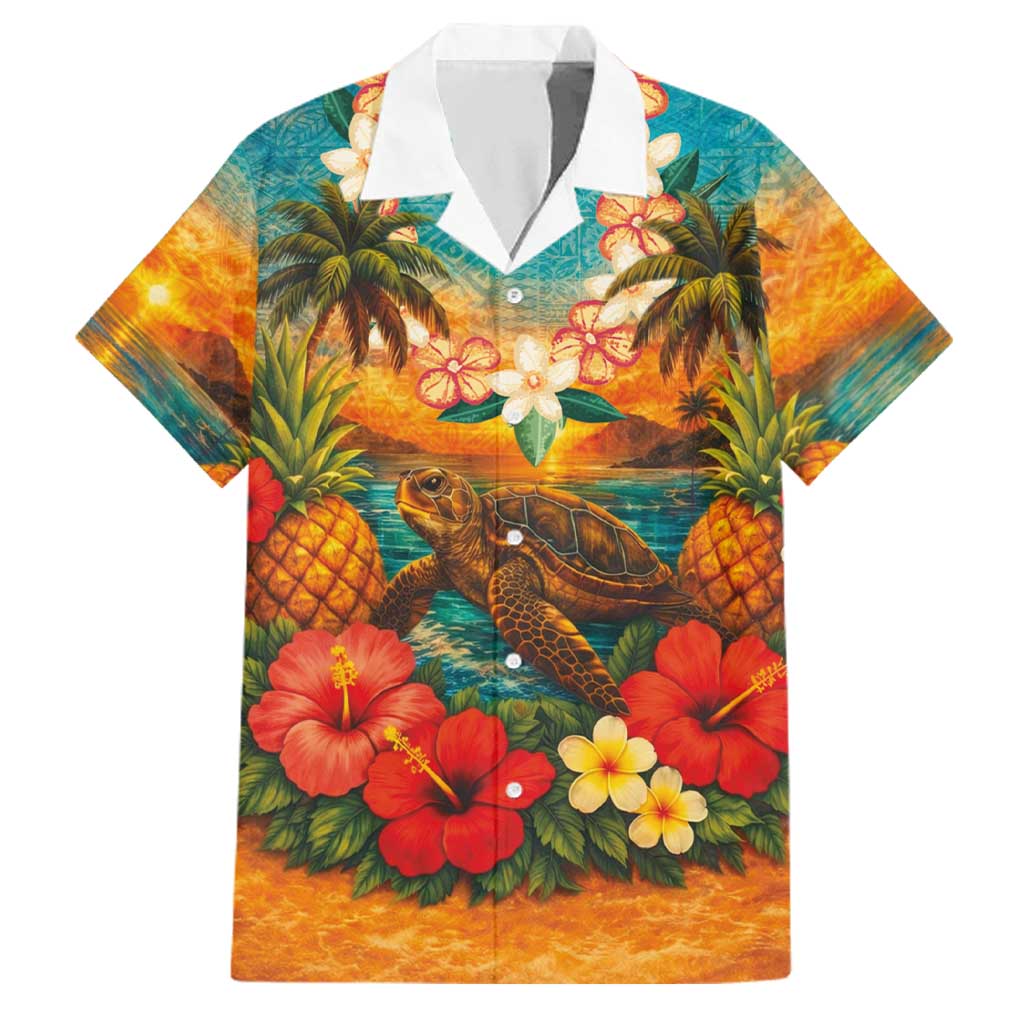 Hawaiian Turtles on Beach Family Matching Puletasi and Hawaiian Shirt with Pineapple Tropical Plant and Lei
