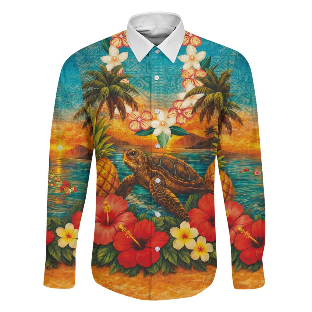 Hawaiian Turtles on Beach Family Matching Puletasi and Hawaiian Shirt with Pineapple Tropical Plant and Lei