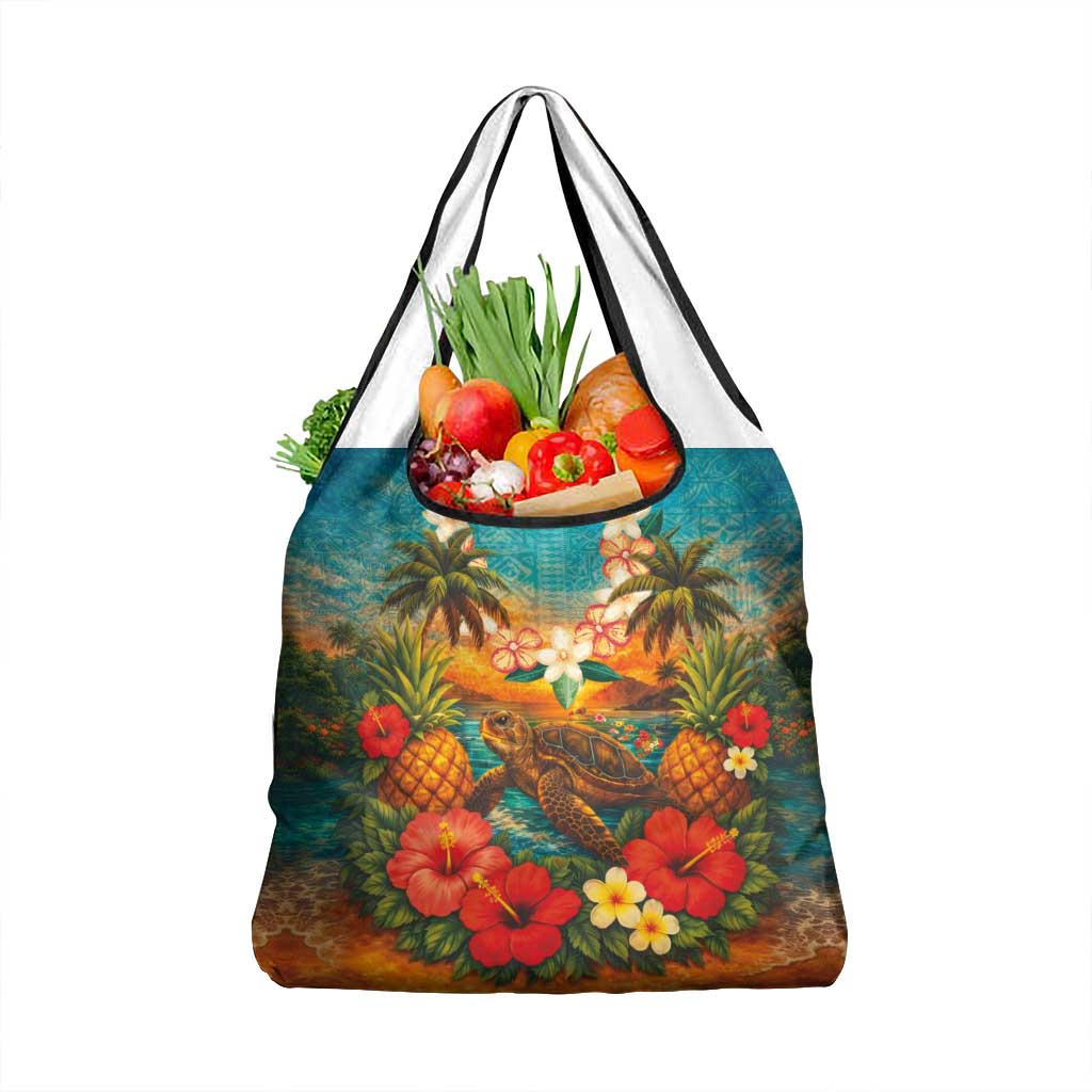 Hawaiian Turtles on Beach Grocery Bag with Pineapple Tropical Plant and Lei
