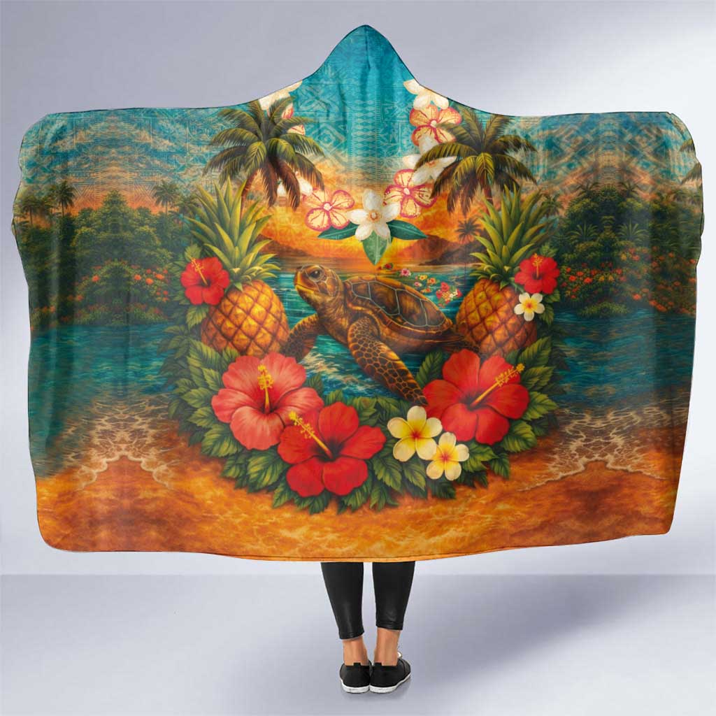 Hawaiian Turtles on Beach Hooded Blanket with Pineapple Tropical Plant and Lei