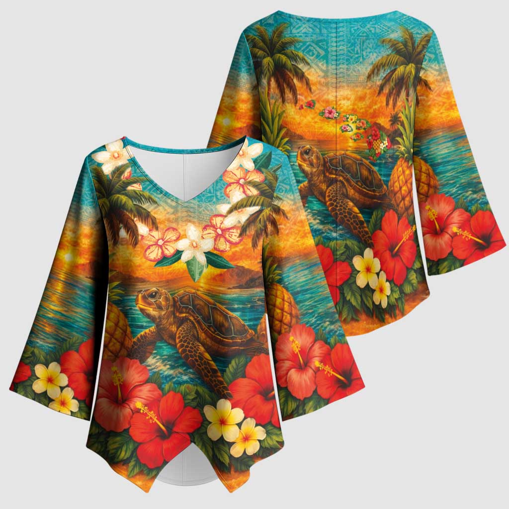Hawaiian Turtles on Beach Kimono Sleeve Blouse with Pineapple Tropical Plant and Lei
