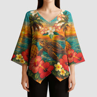 Hawaiian Turtles on Beach Kimono Sleeve Blouse with Pineapple Tropical Plant and Lei