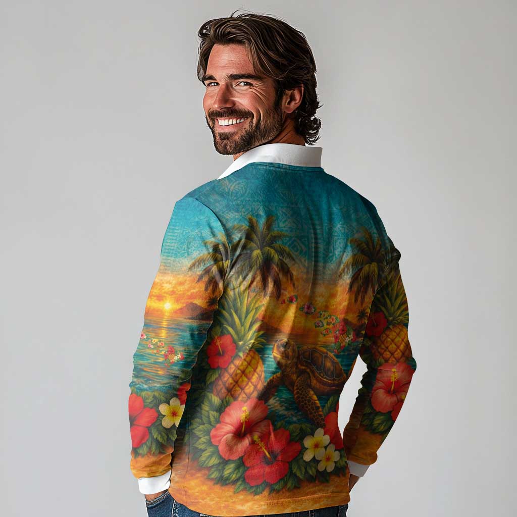 Hawaiian Turtles on Beach Long Sleeve Polo Shirt with Pineapple Tropical Plant and Lei