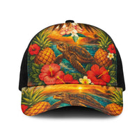 Hawaiian Turtles on Beach Mesh Trucker Cap with Pineapple Tropical Plant and Lei
