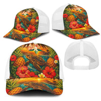 Hawaiian Turtles on Beach Mesh Trucker Cap with Pineapple Tropical Plant and Lei