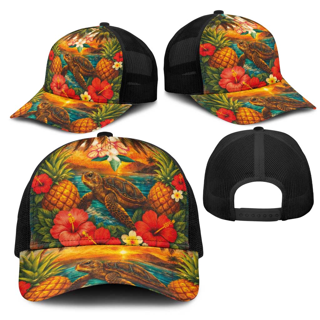 Hawaiian Turtles on Beach Mesh Trucker Cap with Pineapple Tropical Plant and Lei