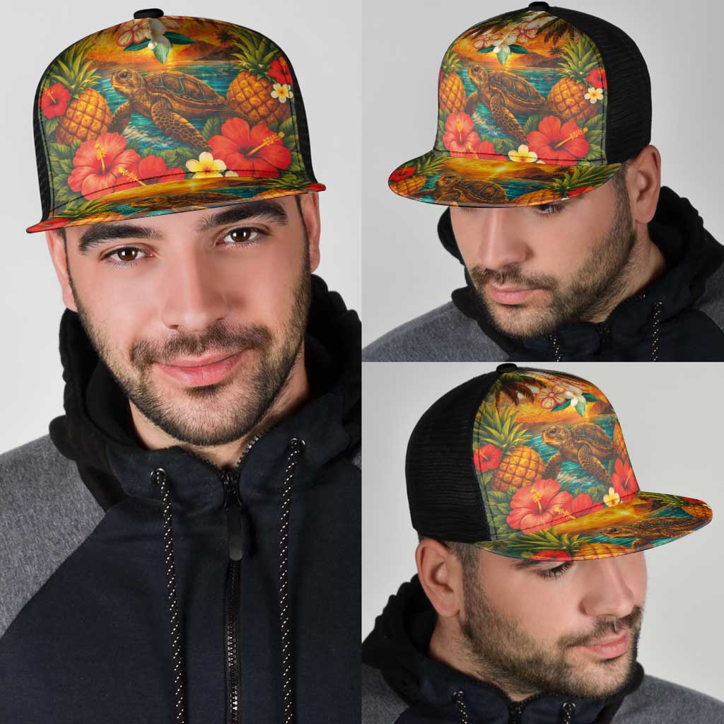Hawaiian Turtles on Beach Mesh Trucker Cap with Pineapple Tropical Plant and Lei