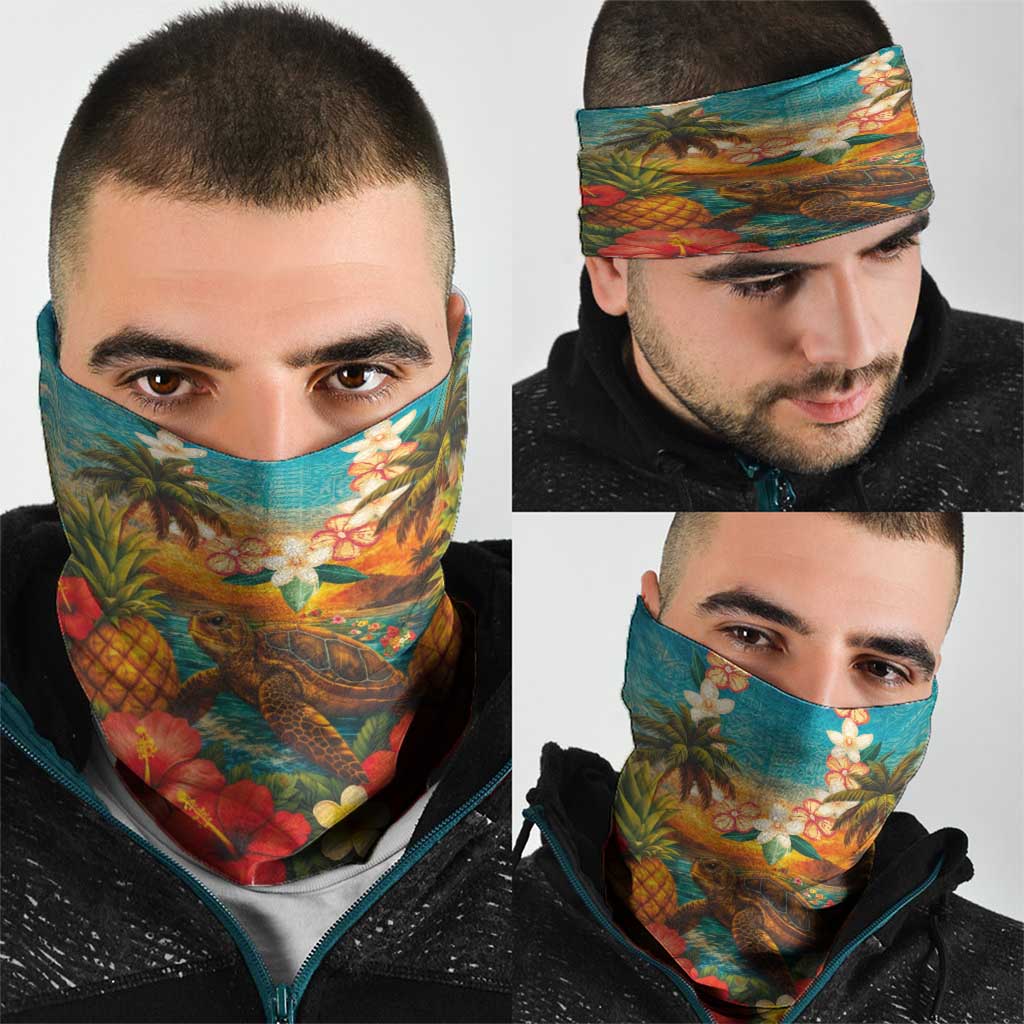 Hawaiian Turtles on Beach Neck Gaiter with Pineapple Tropical Plant and Lei