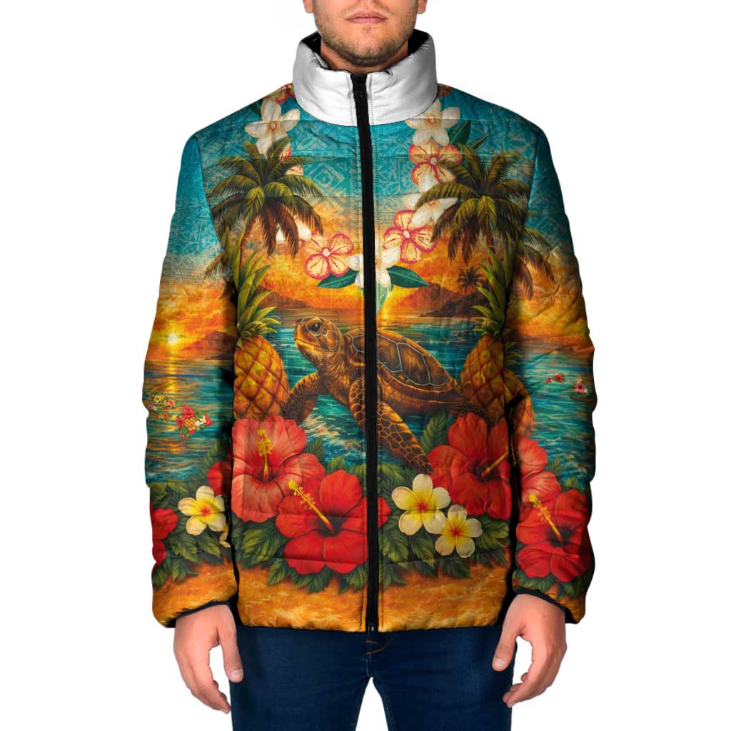 Hawaiian Turtles on Beach Padded Jacket with Pineapple Tropical Plant and Lei