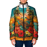 Hawaiian Turtles on Beach Padded Jacket with Pineapple Tropical Plant and Lei