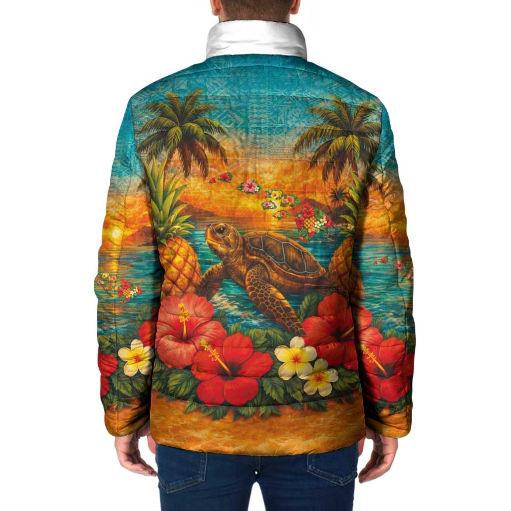Hawaiian Turtles on Beach Padded Jacket with Pineapple Tropical Plant and Lei