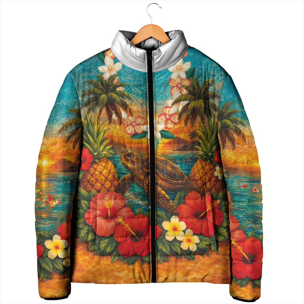 Hawaiian Turtles on Beach Padded Jacket with Pineapple Tropical Plant and Lei