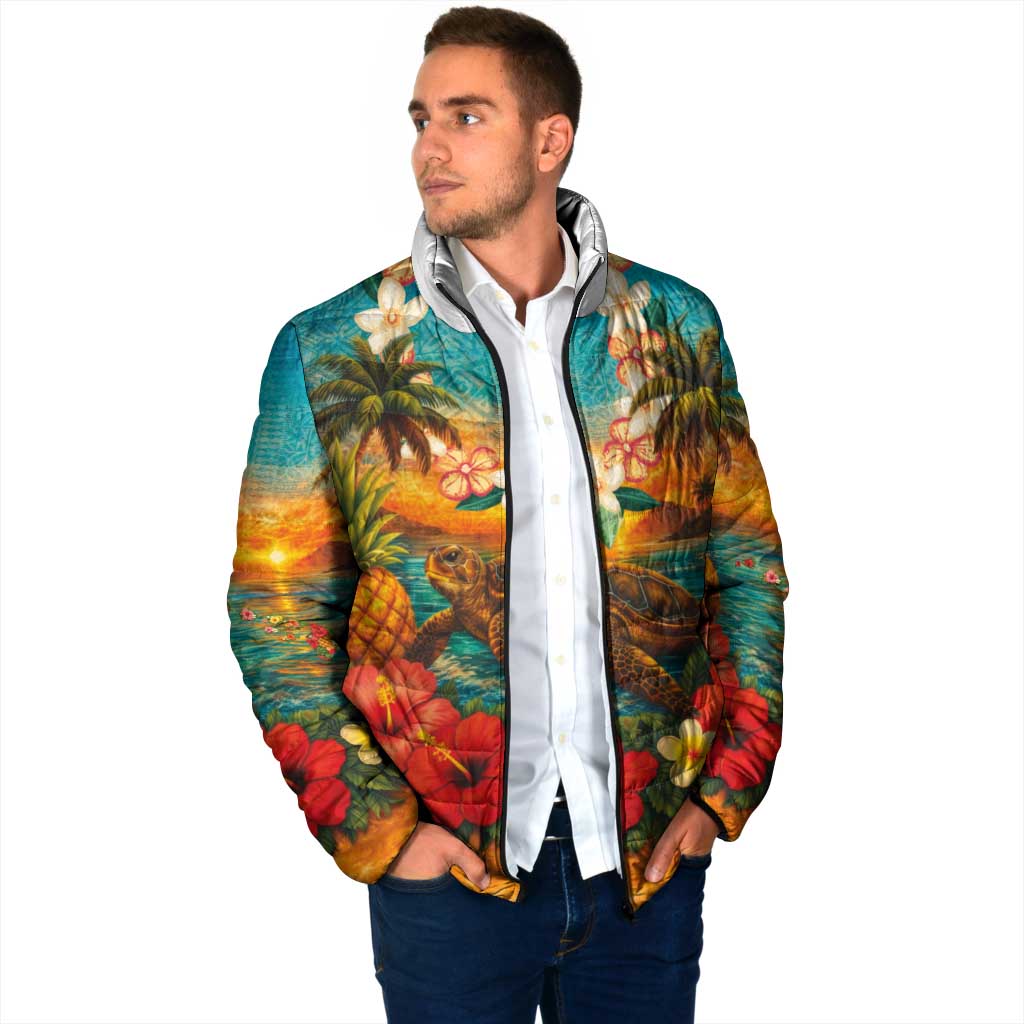 Hawaiian Turtles on Beach Padded Jacket with Pineapple Tropical Plant and Lei