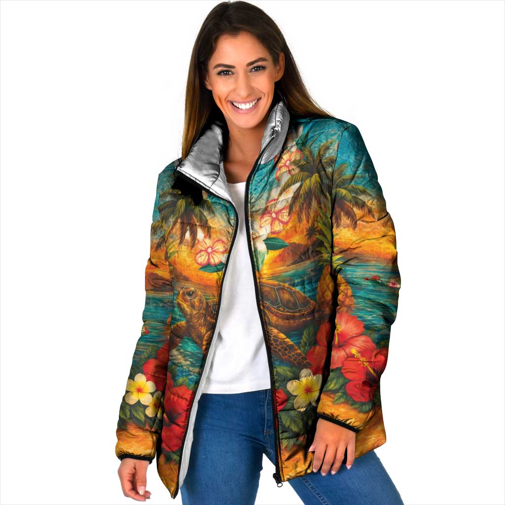 Hawaiian Turtles on Beach Padded Jacket with Pineapple Tropical Plant and Lei