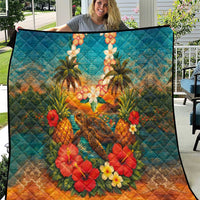 Hawaiian Turtles on Beach Quilt with Pineapple Tropical Plant and Lei