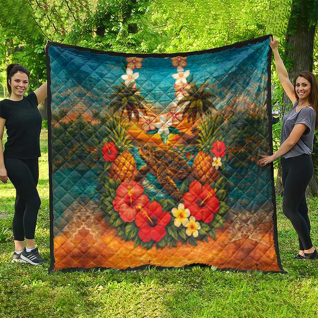 Hawaiian Turtles on Beach Quilt with Pineapple Tropical Plant and Lei